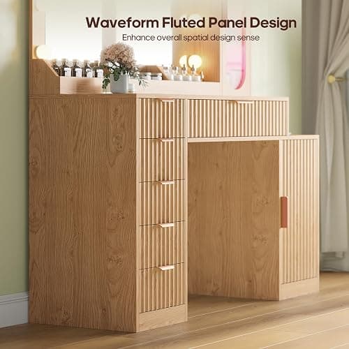 BTHFST Fluted Makeup Vanity Desk with Large 31.5" Mirror and Lights, 46.1" Wood Vanity with Charging Station & RGB Lights, Dressing Table with 6 Drawers & Cabinet & Shelves, Oak thumbnail 8