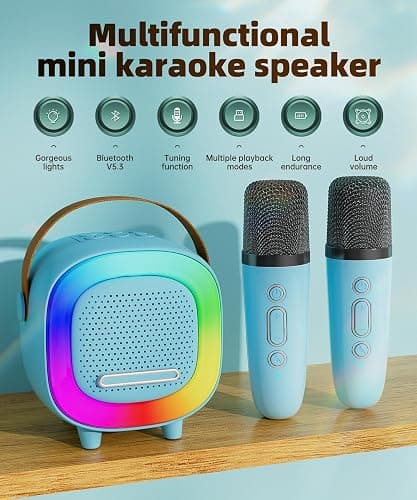 Mini Karaoke Machine Speaker for Kids Adults, Portable Bluetooth with 2 Wireless Microphones, Children's Day Birthday Gift Ideas for Toys for Teens Boys and Girls Aged 4, 5, 6, 7, 8, 9, 10, 11, 12+ thumbnail 2