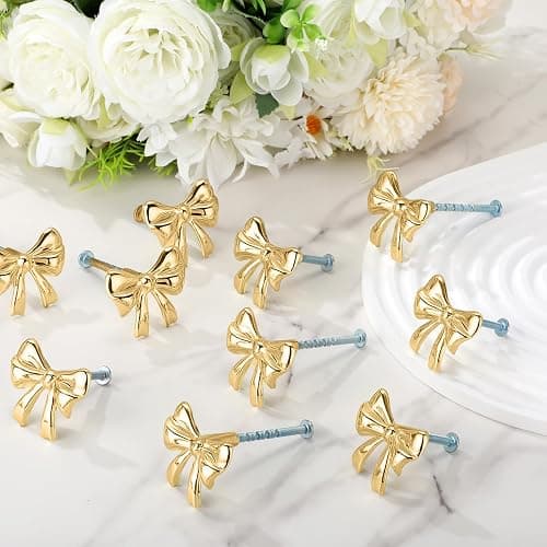 Hotop 15 Pack Bow Dresser Knobs Gold Cabinet Drawer Knobs with 2 Kinds Screws for Hardware Dresser Kitchen Drawer Aluminum Alloy Oxidation Wire Drawing Handle, 1.57" x 1.18" (Brushed Gold) thumbnail 2