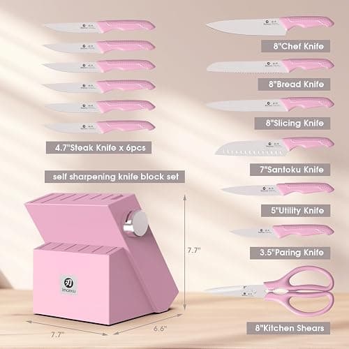 imarku Knife Set with Block, Sharp Knife Set with Built-in Sharpener, Japanese Stainless Steel Kitchen Knife Set with Non-Slip Ergonomic Handle, Dishwasher Safe, Valentine's Day Gifts, 14 PCS, Pink thumbnail 2