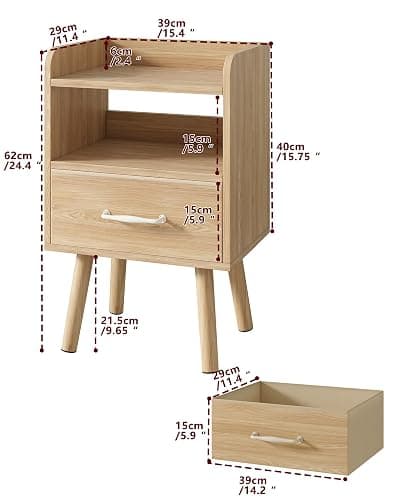 YMYNY Bedside Table Set of 2, Nightstand, Side Table, Wooden Sofa End Table with Fabric Drawer, Open Shelf, Solid Wood Legs, 15.35" x 11.42" x 24.41", for Bedroom, Natural UHST021N-2 thumbnail 3