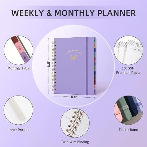 Hardcover 2026 Planner Daily Weekly and Monthly, Jan.2026 - Dec.2026, Spiral Calendar 2026 Agenda Planner Book for Teacher Student College, Monthly Tabs, 6 "x 8.5", Purple thumbnail 6
