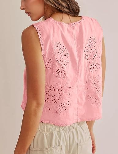 Peaceglad Womens Vest Top Trendy Floral Embroidered Eyelet Tie Front Tops Fashion Crochet Lace Hollow Out Vests thumbnail 4