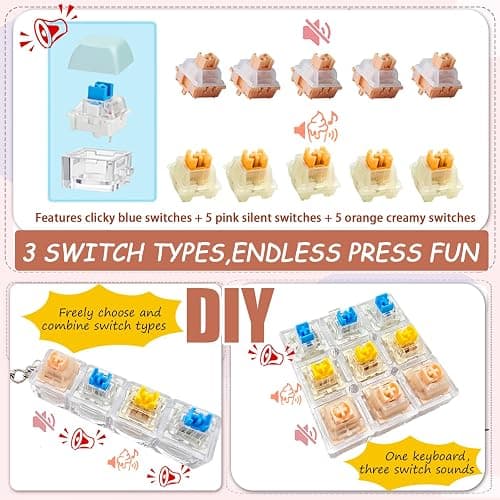 Gtzzot 6-Pack Keyboard Fidget Toy with Clicky/Creamy/Silent Switches & 75 Removable Keycaps—Stress Relief Keyboard Clicker Keychain in Gift Box—Calms Anxiety for Adults Office Travel School Home thumbnail 4