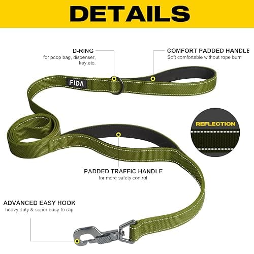 Fida 6 FT Heavy Duty Dog Leash with 2 Comfortable Padded Handles, Traffic Handle & Advanced Easy Snap Hook, Reflective Walking Lead for Large, Medium & Small Breed, Green thumbnail 2
