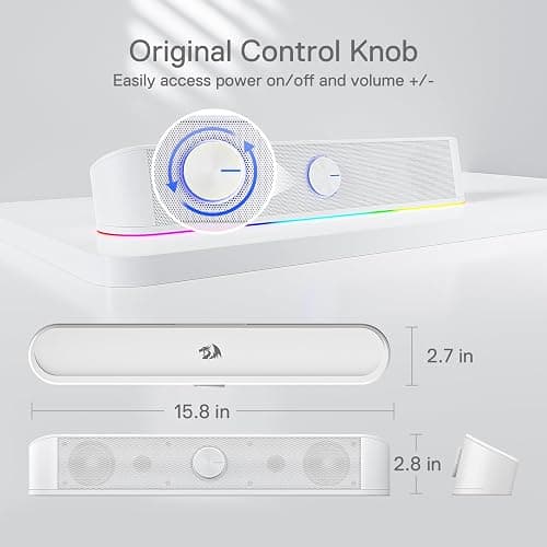 Redragon GS560 RGB Desktop Soundbar, 2.0 Channel Computer Speaker with Dynamic Lighting Bar Audio-Light Sync/Display, Touch-Control Backlit with Volume Knob, USB Powered w/ 3.5mm Cable, White thumbnail 6