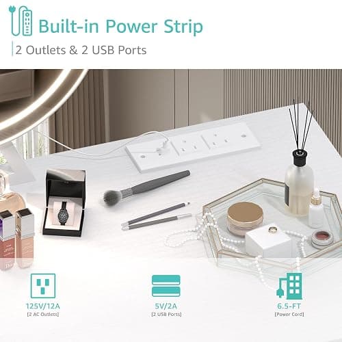 Lufeiya White Makeup Vanity Desk with Mirror and Lights, 40 inch Make Up Vanity Desks with Fabric Drawers & Power Outlet, Dressing Table and Chair Set for Girls Bedroom, White thumbnail 5