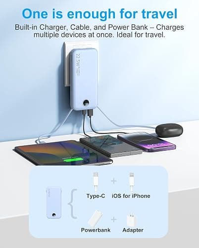 Portable Charger with Built-in Cables and Wall Plug, 12000mAh 22.5W USB C Power Bank Fast Charging with LED Display, External Battery Pack Travel Essentials Compatible with iPhone, iPad, Samsung Blue thumbnail 4