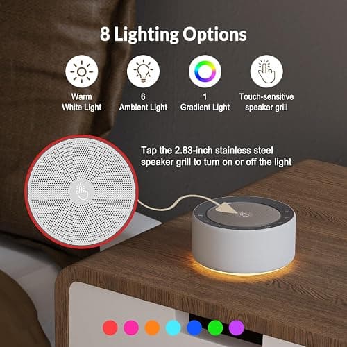 Kipcush White Noise Sound Machine with Nursery Lamp, Mood Lighting, 7 Colour Night Light, 30 Soothing Sounds for Baby/Adult. Timer, Plug in, Memory Function, Touch Control thumbnail 6