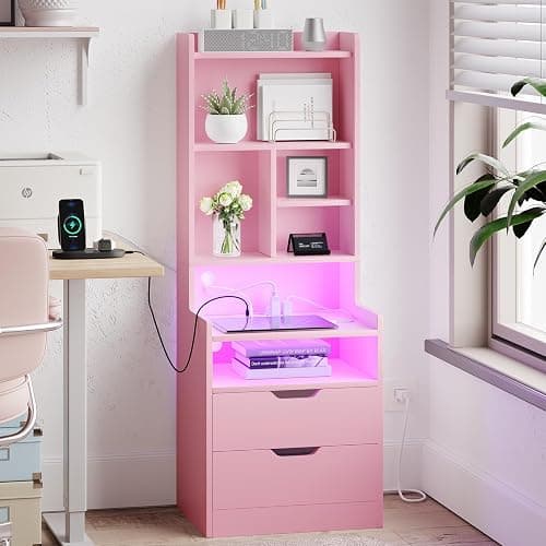 ADORNEVE Tall Nightstand Set of 2 with LED Lights,Pink | Tall Night Stand with Charging Station and Bookshelf,Bedside Table with Drawers,Side Tables Bedroom thumbnail 5