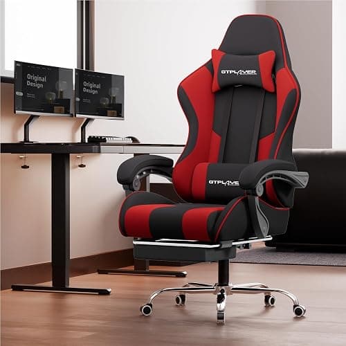 GTPLAYER Gaming Chair, Computer Chair with Footrest and Lumbar Support, Height Adjustable Game Chair with 360°-Swivel Seat and Headrest and for Office or Gaming (RED, Fabric) thumbnail 2