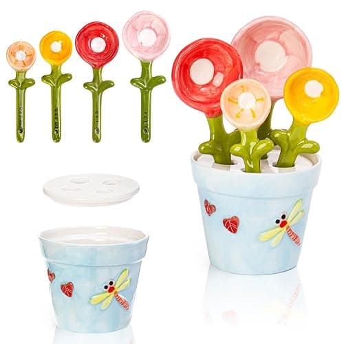 Blue Ceramic Measuring Cups and Spoons Set with Pot Holder, Cute Kitchen Baking Tools, Dishwasher Safe for Dry & Wet Ingredients, Unique Baking Gifts - Image 1