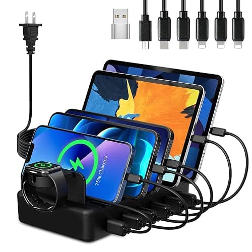 Charging Station for Multiple Devices, CREATIVE DESIGN 50W 6 Ports USB Charger Station with Apple Watch Holder & 6 Cables, Charging Dock for iPad Cellphone Kindle Tablet and Other Electronic (Black) - Image 1
