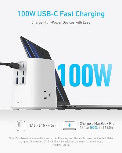 Anker Desktop Charger, 9-in-1 Power Strip with 300J Surge Protector, 5ft Flat Plug Extension Cord with Multiple Devices, 100W USB C Charger with 3 AC, 2 USB A, 4 USB C, Home Office, Desk Accessories thumbnail 3