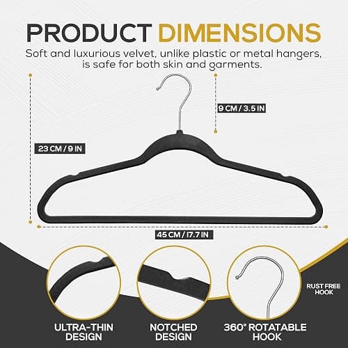 Techzoo 50 Pack New Premium Quality Velvet Hangers Ultra Thin Non Slip Adult Felt Space Saving Hangers for Closet Heavy Duty Coat Pants Jackets Dress Hangers 360° Swivel Hook Hold Upto 10 lbs Black thumbnail 2