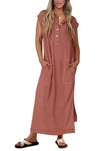 KIRUNDO Womens Summer Dresses 2026 Spring Ribbed Knit Henley Short Sleeve Maxi Dress Button Up Loose Beach Vacation Sundress - Image 1