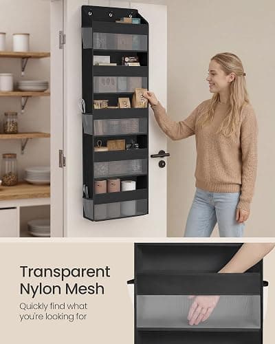 SONGMICS Over-the-Door Organizer, 5-Tier Door Hanging Storage Shelf, Heavy-Duty Closet Hanging Organizer Foldable, Transparent, Pockets, Metal Hooks, Ink Black URDH010BH01 thumbnail 6