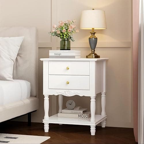 WOODTIME White Accent Nightstand with 2 Drawers, Bottom Shelf & Carve Pattern, Modern Wooden Night Stand Bedside Table, Versatile End Sofa Bed Side Table for Bedroom Living Room - Image 1
