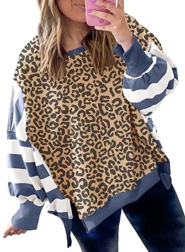 Mazulun Striped Leopard Sweatshirt for Women Color Block Patchwork Drop Shoulder Side Slit Pullover Shirt Tops - Image 1