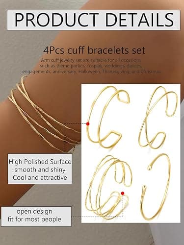 BROCC 4PCS Minimalist Gold Arm Cuff Bracelets, Adjustable Coil Armband Set Jewelry thumbnail 2