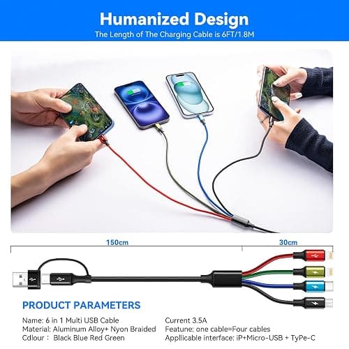 6 in 1 Multiple Charging Cable, 2Pack 6Ft Multi Chargers Cord for All Devices Braided USB A/C to Lightning/Type C/Micro USB Ports Universal Charger Cable for iPhone Series/Samsung/Tablets/PS and More thumbnail 7