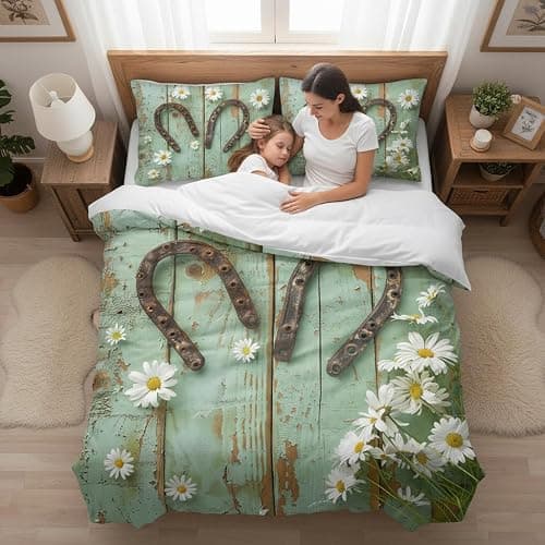 CCoutueChen Teal Rustic Farmhouse Bedding Set Queen Size, Country Wooden Barn Door Comforter for Western Horseshoe Daisy Decor, Suitable for Kids Girls Teen Cowboys Cowgirls,2 Pillowcases/90 * 90 thumbnail 4