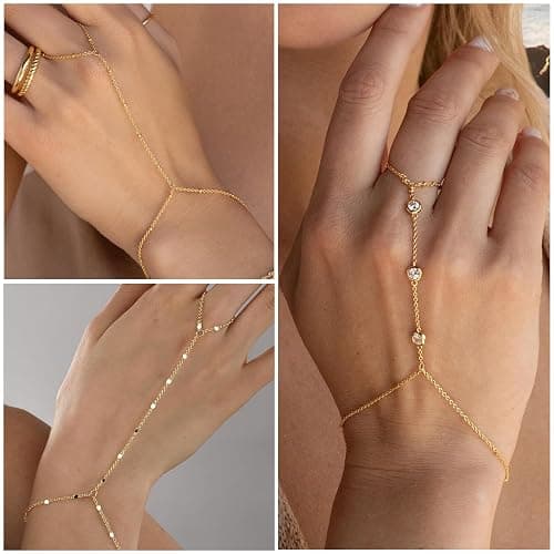 3PCS 14K Gold-Plated Hand Chain Bracelets for Women, Stack Bracelets Set Adjustable, Trendy Dainty Ring Bracelet Hand Chain thumbnail 5