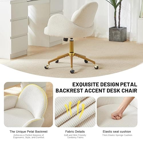 Home Office Chair with Petal Backrest, Corduroy Upholstered Desk Chair with Adjustable Swivel Wheels, Ergonomic Chairs for Living Room, Bedroom, Office, Study, Flower Cute Girls Vanity Chair(Beige) thumbnail 7