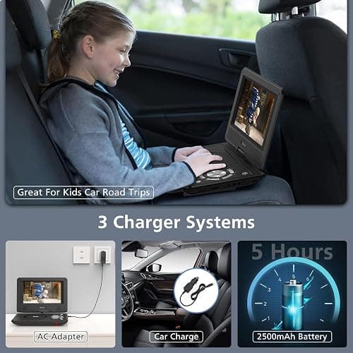 11.5" Portable DVD Player for Kids and Car, 9.5" Swivel HD Screen with 4-6 Hours Built-in Battery, Support Sync Screen to TV, Support SD Card/USB/Multiple Disc Formats (Black) thumbnail 6