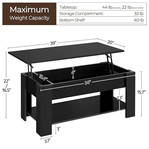 Yaheetech Wooden Coffee Table, Lift Top Coffee Table with Large Hidden Storage Shelf, Lift Tabletop Dining Tables for Living Room, Home Small Space, 38.6in, Black thumbnail 3