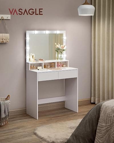 VASAGLE Vanity Desk with Mirror and Lights, Makeup Vanity with Large Mirror, LED Lights with Adjustable Brightness, Vanity Table, 2 Drawers, 3 Compartments, Modern Makeup Desk, Cloud White URDT120T14 thumbnail 2
