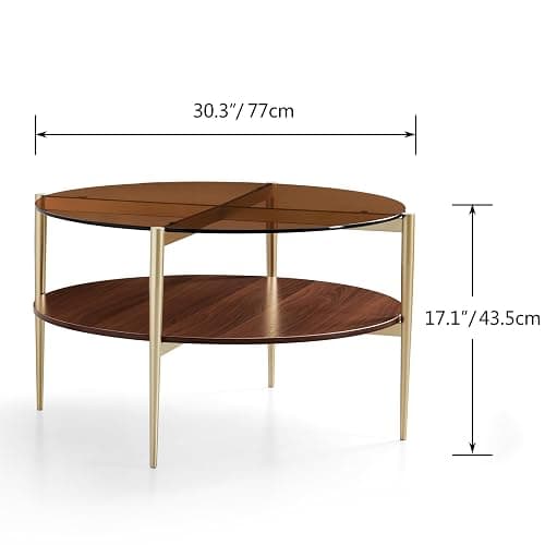 Saint Mossi Glass Round Coffee Table for Living Room, Middle-Century Modern Style, Coffee Brown Glass Top & Walnut Brown MDF Wood Top, with Gold Finish Legs & Frame thumbnail 2