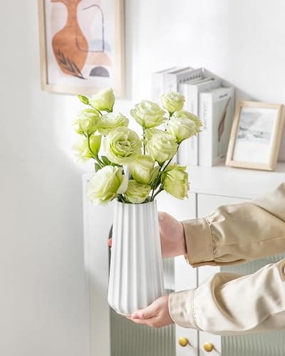 vancasso Ceramic Vase, 7.8 Inch Modern Ribbed Glossy Decorative Vase, Flower vase for Home Decor, Living Room, Bedroom, Office Decor, White thumbnail 7