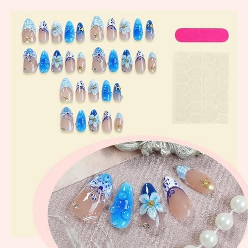 French Tip Press on Nails Medium Almond SWEKKE 3D Floral Fake Nails False Nails with Flower Stars Designs Blue Glossy Glue on Nail Summer Acrylic Nail for Women Girls 24Pcs thumbnail 5