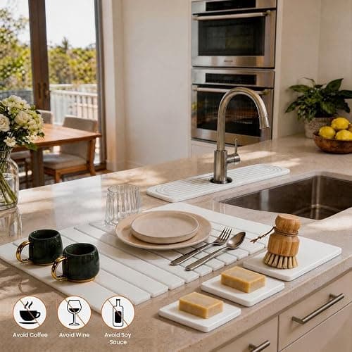 6-Pack Large Stone Dish Drying Mat for Kitchen Counter 23”x15” - Quick-Dry Absorbent Diatomaceous Earth Mat Set - Stone Faucet Mat 4"x23" + 3 Stone Trays 4"x8", 4"x4"+ Bamboo Palm Brush (White) thumbnail 4