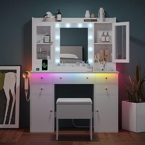 Makeup Vanity Desk with Mirror and Lights, White Vanity Table Set with Storage Drawers, Charging Station, Cabinets & Chair, Large Dressing Table with RGB Ambient Light for Women Girls Bedroom Bathroom thumbnail 8