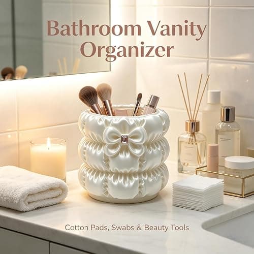 Cute Bow Makeup Brush Holder Coquette Pearl White Vanity Pen Cup Organizer | Clean Girl Aesthetic Vanity Cup,4" Space-Saving Desktop Caddy,Satin Luster Texture,Aesthetic Cosmetics Brush Holder thumbnail 4