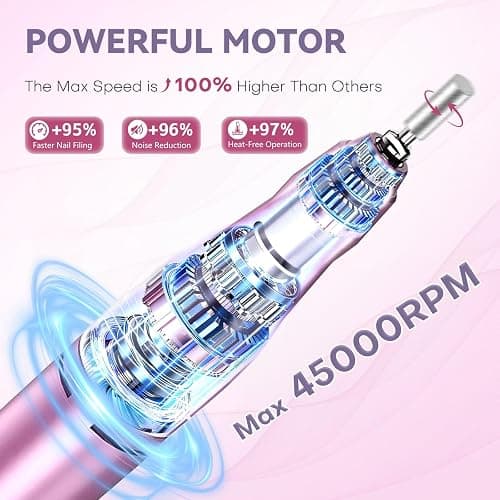 TUOBEO Nail Drill Electric Nail File Kit 45000 RPM Professional Efile Nail Set,Cordless Portable Rechargeable Acrylic Gel Nail Polish Remover Machine Pedicure Manicure Tool with 11 Bits for Salon Home thumbnail 2