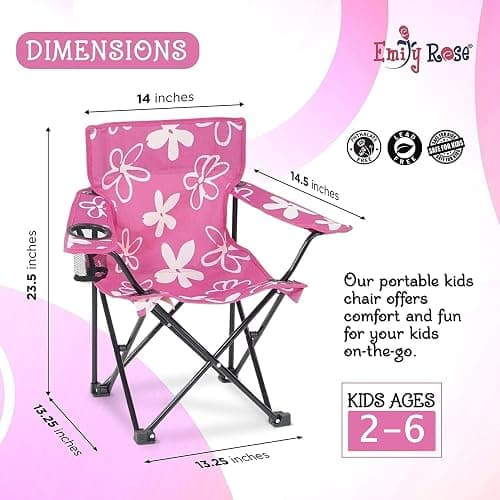 Emily Rose Kids Pink Folding Beach Camp Chair with Cup Holder Safety Lock & Carry Case - Toddler Girls Chair Ages 2-7 Indoor Outdoor Lightweight Portable - Floral Design 125lb Capacity thumbnail 3