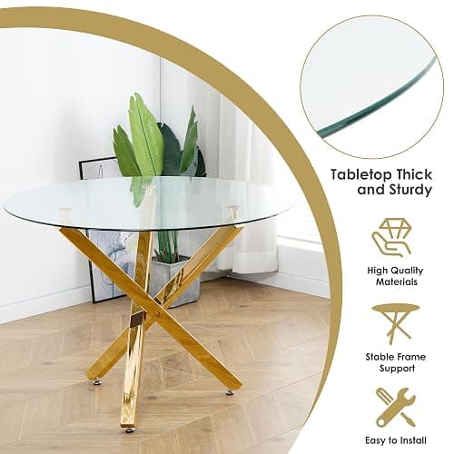 HAIZAO Golden Round Dining Table Set for 4, 39'' Clear Glass Top Dinner Table Set, 5 Pieces Modern Luxury Circle Kitchen Table and Pink Woven Chairs Set, Small Circular Dinette Set, for Apartment thumbnail 7