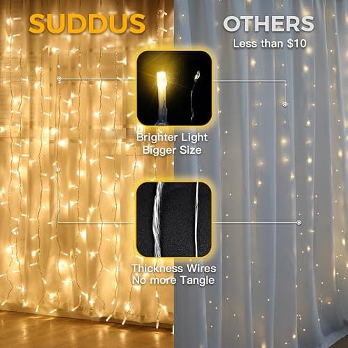 suddus Curtain Lights for Bedroom, 200 Led Hanging String Light Outdoor, Fairy Curtain Lights Indoor for Christmas, Dorm, Wall, Backdrop, Window, Wedding, Party, Birthday Decor, Warm White thumbnail 4