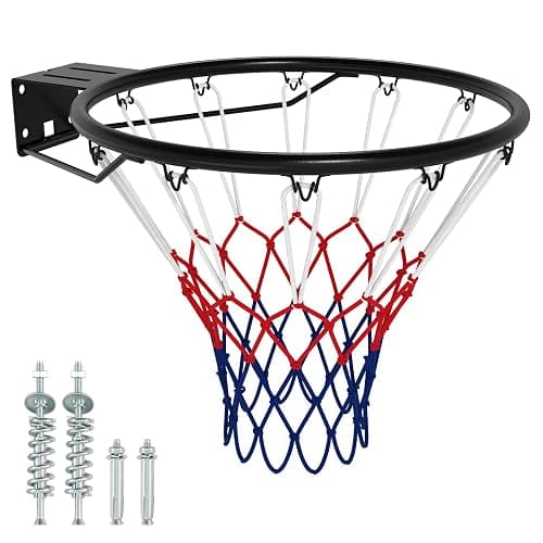 GYMAX Wall Mounted Basketball Hoop, Indoor Outdoor Basketball Rim Replacement with Net, Double Spring and Fixtures, Heavy-Duty Professorial Basketball Ring Goal for Kids Adults (Black, PE Net) - Image 1