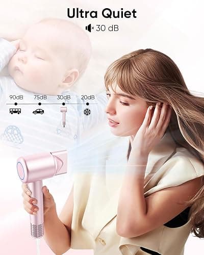 Hair Dryer, High-Speed Ionic Low Noise Blow Dryer with Brushless Motor for Fast Drying, Thermo-Control Quiet Compact Hair Blow Dryer with Magnetic Diffuser for Curly Hair for Home Travel Salon - Baby Pink thumbnail 4