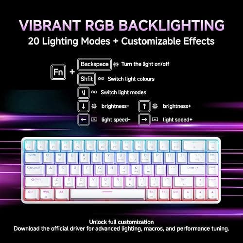 DIERYA DK68 Wireless Mechanical Keyboard, 60% Gaming Keyboard with Red Switch, Triple Mode 2.4GHz/USB-C/BT5.0, RGB Backlit, Anti-Ghosting Keys, 68 Keys Portable Mini Wired Office Keyboard-White thumbnail 6