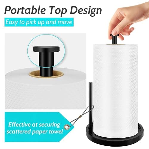 Paper Towel Holder Countertop, Standing Paper Roll Holder with Anti Slip Weighted Base, Stainless Steel Freestanding Paper Towel Holder for Kitchen, Black thumbnail 5