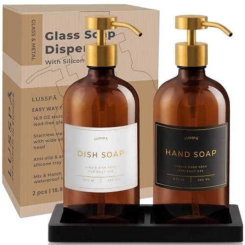 Glass Soap Dispenser Set of 2 (Amber) with Silicone Tray | Hand and Dish Soap Dispenser for Kitchen and Bathroom | 16.8 Oz Glass Bottles with Stainless Steel Pump & 15 Waterproof Labels (Amber/Gold) thumbnail 7