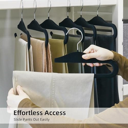 Velvet Pants Hangers, 10 Pack Non-Slip Open Ended Hangers with 360° Swivel Hook Slim Space Saving Jeans Hangers for Pants, Scarves, Ties, Towels, Black thumbnail 6