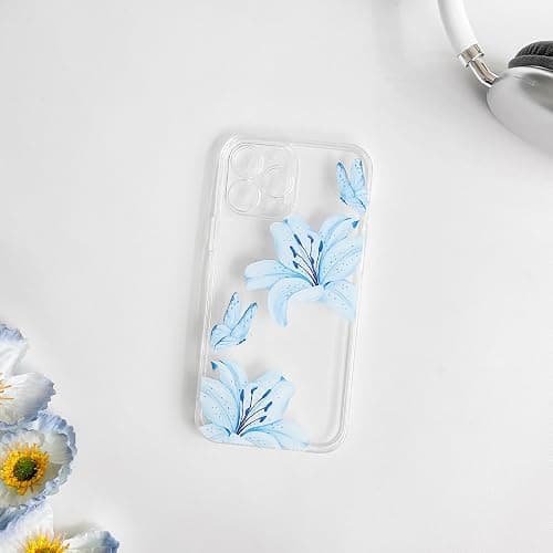 NITITOP Compatible with iPhone 12 Pro Case Clear Cute Butterfly Lily Flower Floral Pattern for Women Girls Full Camera Lens Clear Slim Shockproof Protective Phone Cover - Blue thumbnail 5