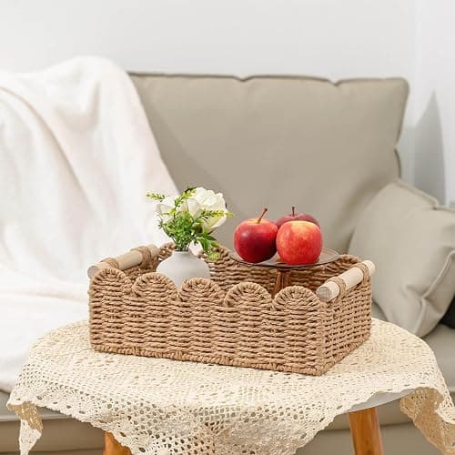 CubesLand Paper Rope Scalloped Edge Decor Baskets for Home, Living Room, Bedroom, Toilet Basket for Over Toilet Storage Shelf, End Table, Shelves and More, Both Storage&Decor, Set 2 Neutral thumbnail 5