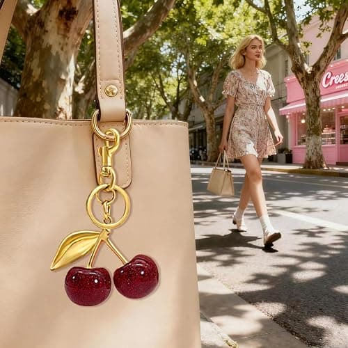 Sparkling Cherry Keychain for Women, Cute Bag Charm & Purse Accessory, Handbag Keyring Charm Gifts thumbnail 6